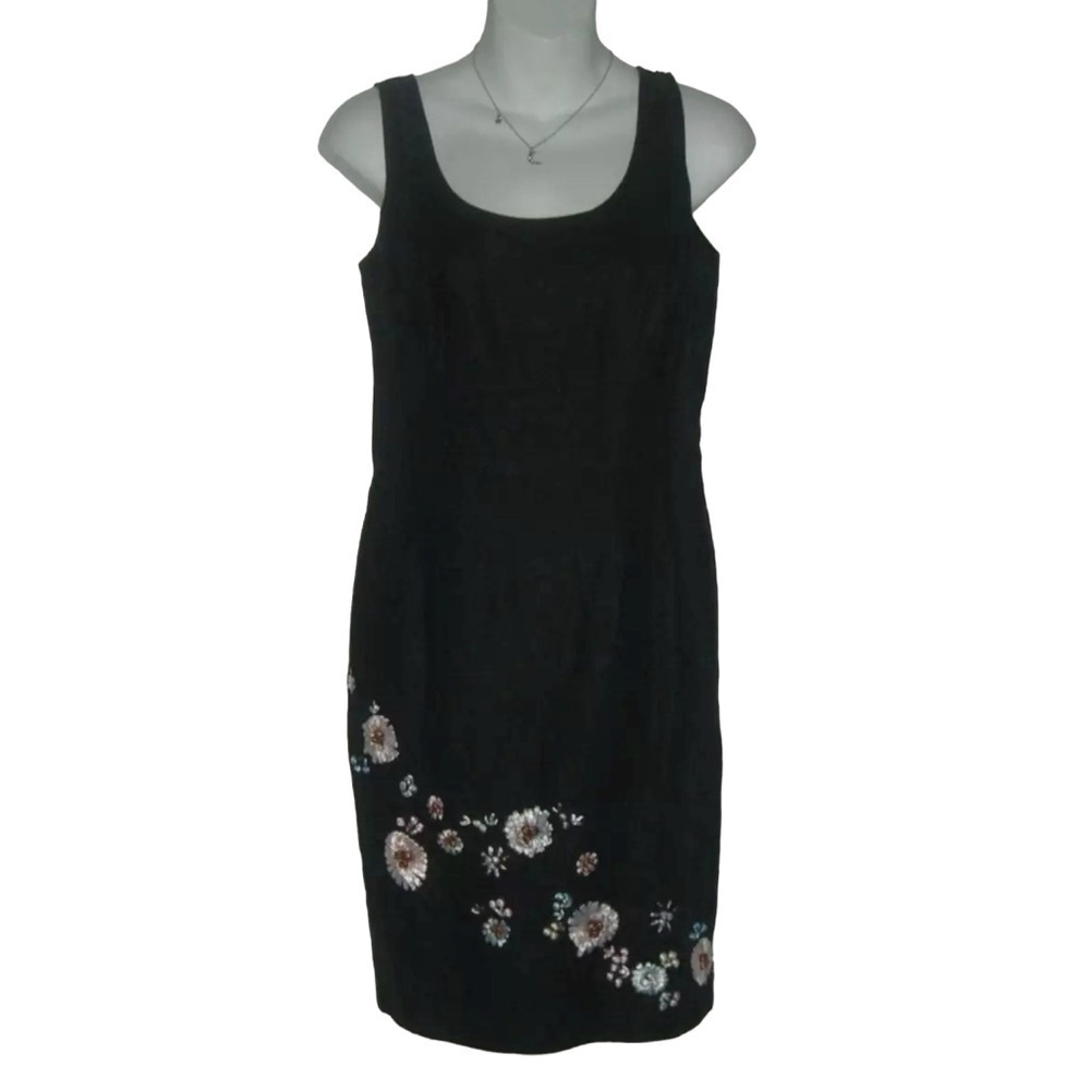 Jade By Melody Tam Dress Sheath Linen Navy Applique Flowers Coastal Grandmother